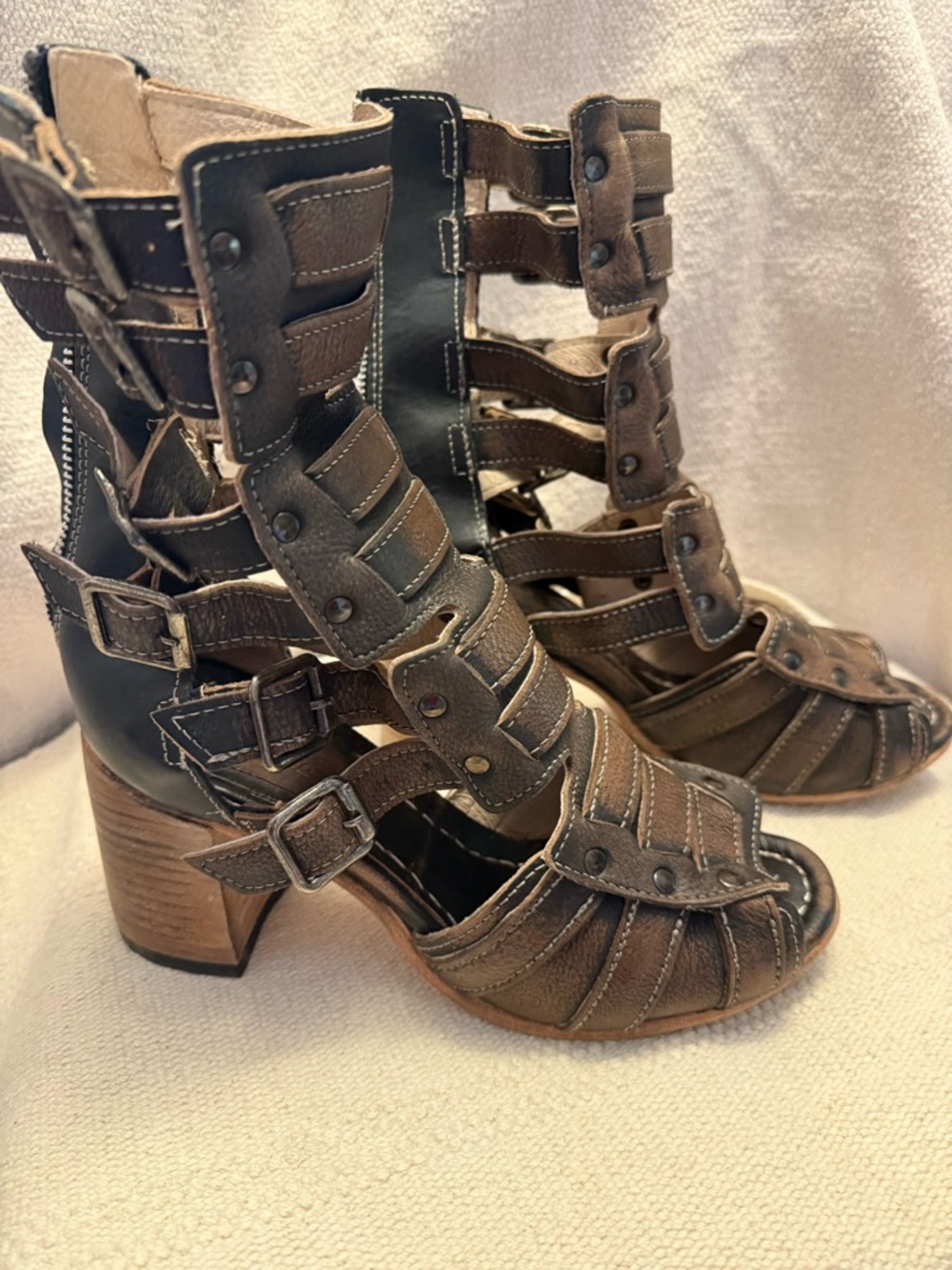 freebird Brown Strappy Gladiator Sandal Heels